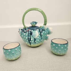 Blue Sky Jeanette J McCall Puffer Fish Teapot Set Ceramic Nautical Whimsical